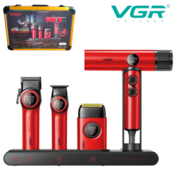 Професионален Комплект 4в1 за Фризьори VGR Самобръсначка Шейвър Машинка за Коса Тример и Сешоар в Куфар