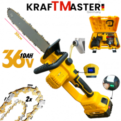Акумулаторна Верижна Резачка за Клони и Дърва KRAFTMASTER 36V 10AH 30см 2 Батерии (Автоматично Смазване) с Дисплей син и жълт