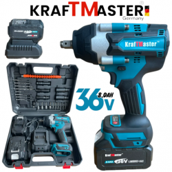 Голям Комбиниран Безчетков Акумулаторен Ударен Гайковерт-Импакт Винтоверт 3/4 36V 8,0AH с 25 части в Куфар KRAFTMASTER 