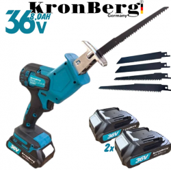 Акумулаторен Мини Безчетков Саблен Трион с 4 Ножа KRONBERG 36V 8,0AH Прав Трион за Месо Дърво Пластмаса Желязо Метал и ДР. 2 Батерии
