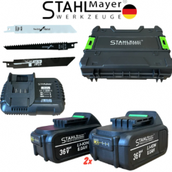 Саблен Трион Акумулаторен STAHLMAYER 36V 8.0AH за Метал Желязко Дърво Пласмата Месо Кости и др. с 2 батерии Безжичен Прав Трион за Рязане Саблен Трион Акумулаторен STAHLMAYER 36V 8.0AH за Метал Желязко Дърво Пласмата Месо Кости и др. с 2 батерии Безжичен Прав Трион за Рязане