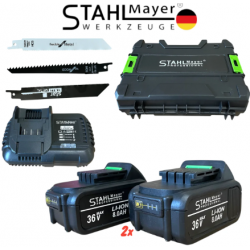 Саблен Трион Акумулаторен STAHLMAYER 36V 8.0AH за Метал Желязко Дърво Пласмата Месо Кости и др. с 2 батерии Безжичен Прав Трион за Рязане Саблен Трион Акумулаторен STAHLMAYER 36V 8.0AH за Метал Желязко Дърво Пласмата Месо Кости и др. с 2 батерии Безжичен Прав Трион за Рязане