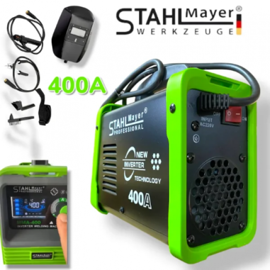 Електрожен Инверторен с LCD Дисплей 400А STAHLMAYER + Подарък Соларна Маска Шлем модел: 2025г. (Електрожени) Електрожен Инверторен с LCD Дисплей 400А STAHLMAYER + Подарък Соларна Маска Шлем модел: 2025г. (Електрожени)
