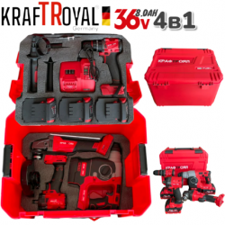 4в1 БЕЗЧЕТКОВИ ИНСТРУМЕНТИ Перфоратор/Къртач Ъглошлайф 125мм Винтоверт/Бормашина и Гайковерт/Импакт 3x Батерии KRAFTROYAL 4в1 БЕЗЧЕТКОВИ ИНСТРУМЕНТИ Перфоратор/Къртач Ъглошлайф 125мм Винтоверт/Бормашина и Гайковерт/Импакт 3x Батерии KRAFTROYAL