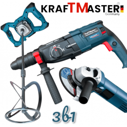 3в1 Бъркалка за Бетон Перфоратор и Ъглошлайф 125мм Електрически KRAFTMASTER Стройтелен Миксер Ударна Бормашина и Флекс ПРОМО КОМПЛЕКТ