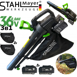Акумулаторен Листосъбирач и Духалка Раздробяване 3в1 STAHLMAYER 36V + 36V 8.0 Ah с 2 торби 40 литра с Колела 2 Батерии