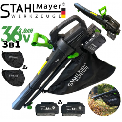 Акумулаторен Листосъбирач и Духалка Раздробяване 3в1 STAHLMAYER 36V + 36V 8.0 Ah с 2 торби 40 литра с Колела 2 Батерии