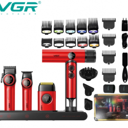 Професионален Комплект 4в1 за Фризьори VGR Самобръсначка Шейвър Машинка за Коса Тример и Сешоар в Куфар