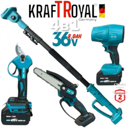 Комплект 4в1 Акумулаторна Духалка за Листа Лозарска Ножица Резачка за Клони (Автоматично Смазване на Веригата) Телескопичен Прът KRAFTROYAL 36V 8,0AH