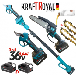 Телескопичен Прът Акумулаторна Лозарска Ножица и Резачка за Клони Трион с Автоматично Омасляване 36V 8AH KRAFTROYAL Безчетков Комплект 3в1