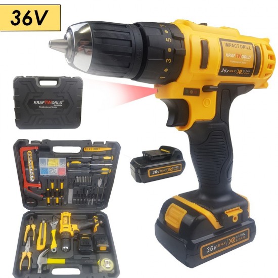 Акумулаторен Винтоверт KRAFTWORLD 36V + 111 части + USB Фенер / Бормашина в комплект с инструменти Акумулаторен Винтоверт KRAFTWORLD 36V + 111 части + USB Фенер / Бормашина в комплект с инструменти
