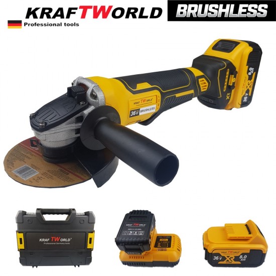 Акумулаторен ъглошлайф KraftWorld 36V 8,0 Ah + 2 батерии зарядно и куфар Акумулаторен ъглошлайф KraftWorld 36V 8,0 Ah + 2 батерии зарядно и куфар